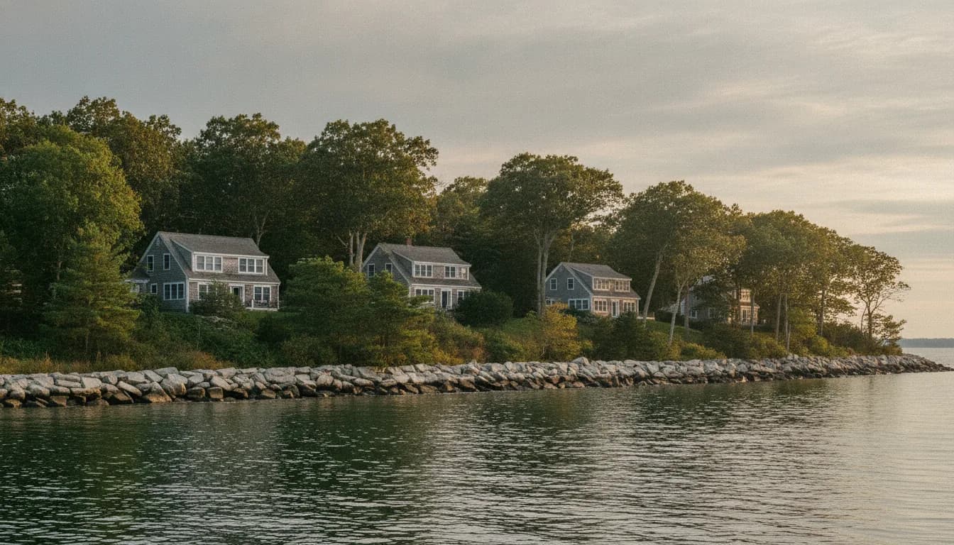 Trees and lawn at a Bourne, MA home exposed to wind off Buzzards Bay