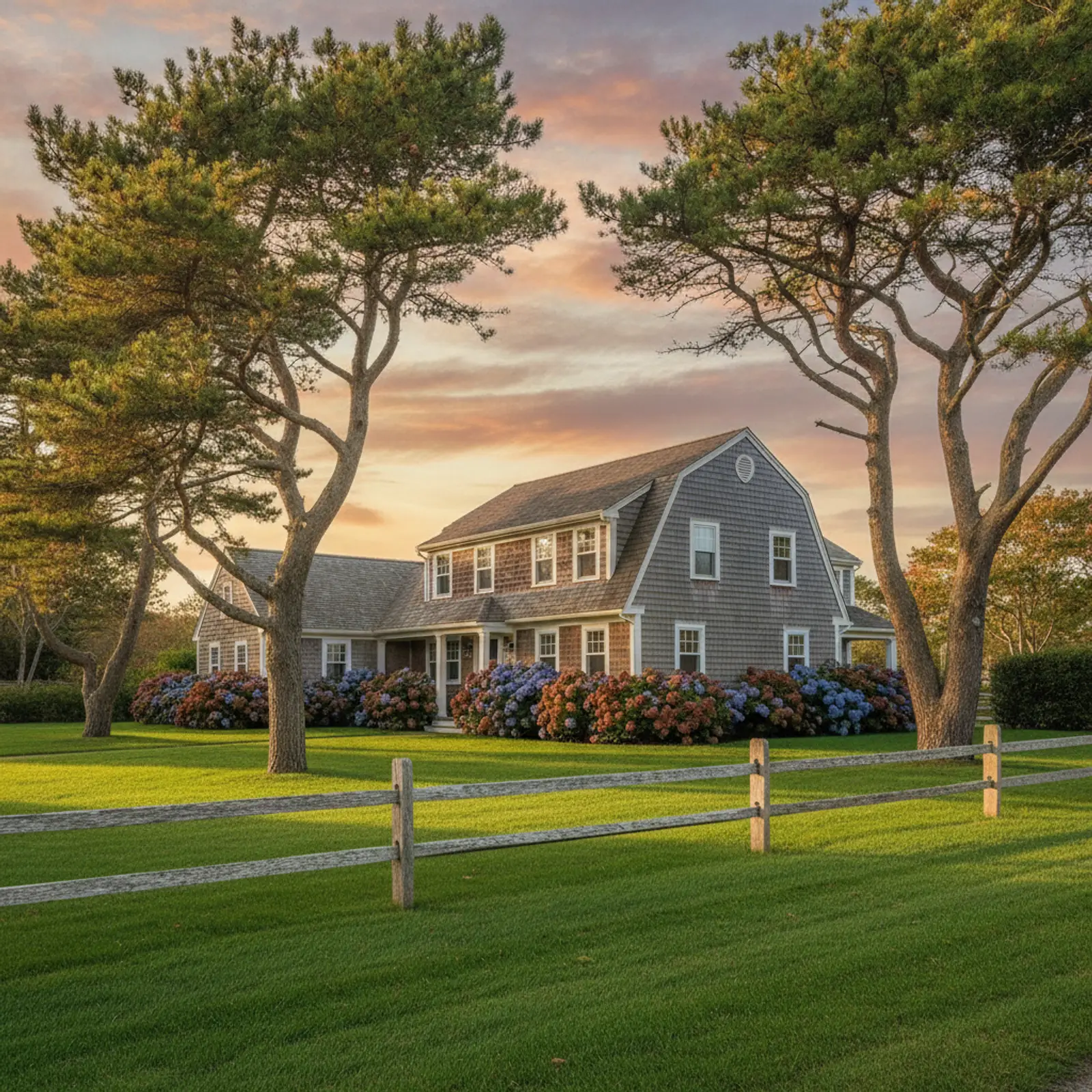 Shingled Cape Cod home with a mowed lawn and hydrangea beds in early fall