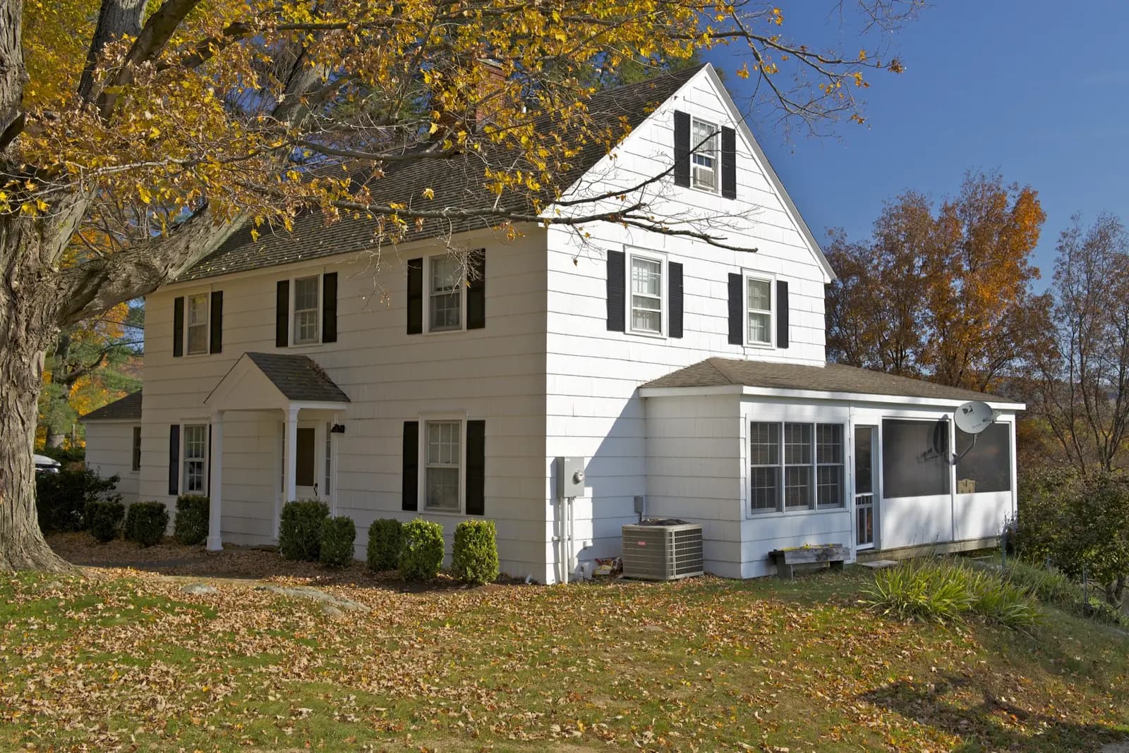 Fall leaf cleanup in progress on a Cape Cod lawn